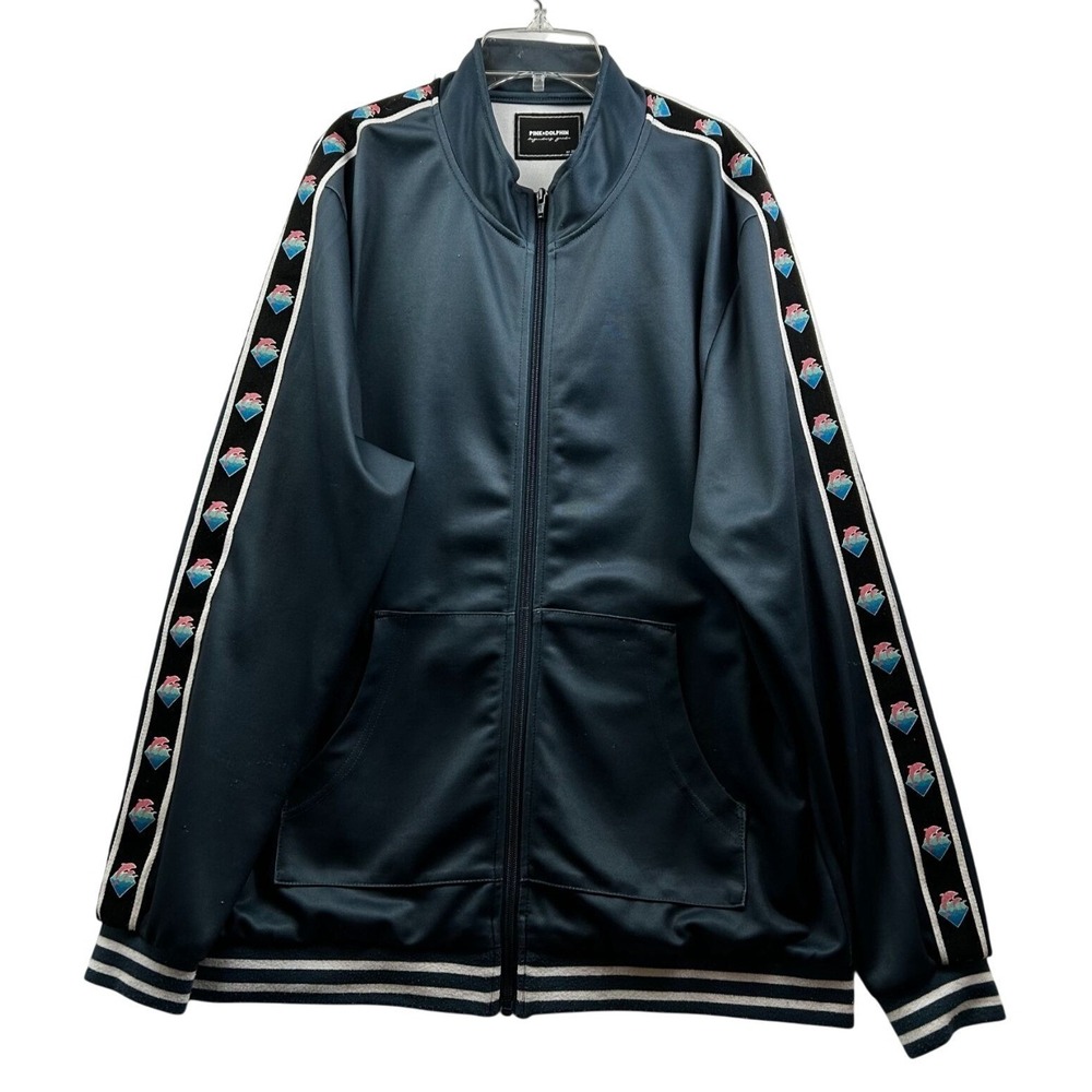 Pink Dolphin Track Jacket Mens Size XL Blue Gray Sleeve Tape Logo‎ Full Zip Y2K